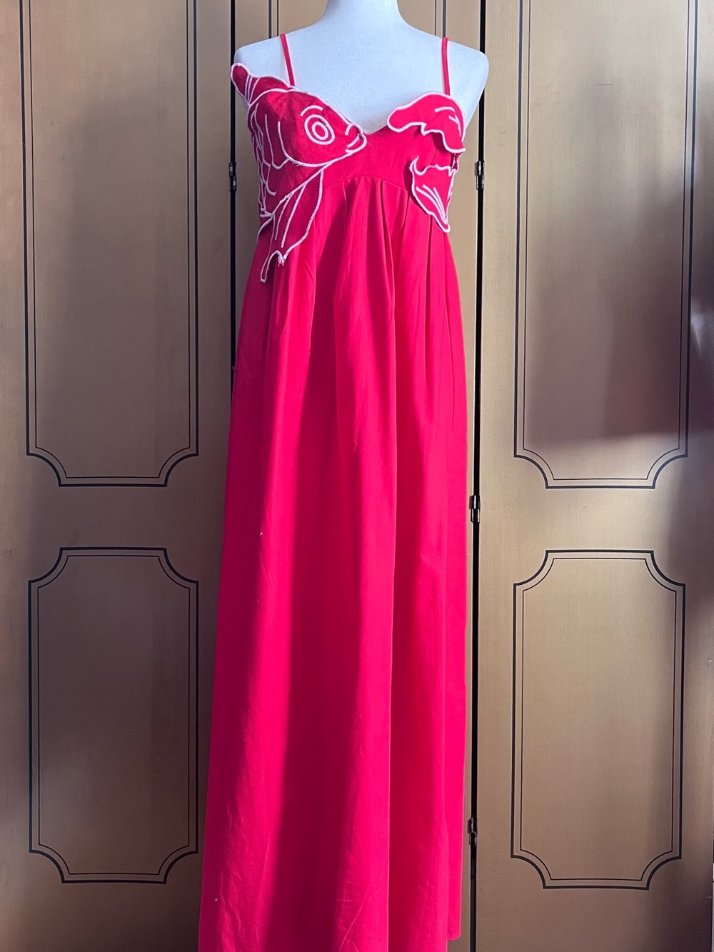 Bright Red Maxi Dress with Koi Fish Appliqué